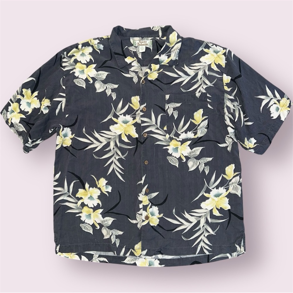 Vintage Tommy Bahama Silk Hawaiian Aloha Shirt Men’s XL Gray Floral Tropical